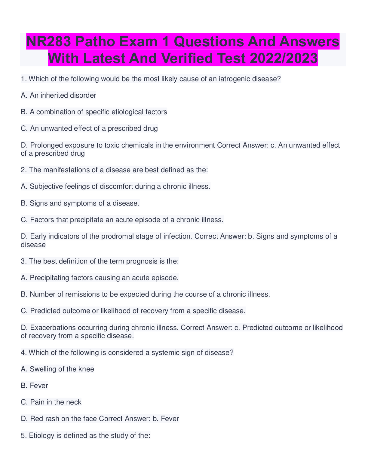 Preview image for NR283 Patho Exam 1 Questions And Answers With Latest And Verified Test 2022/2023